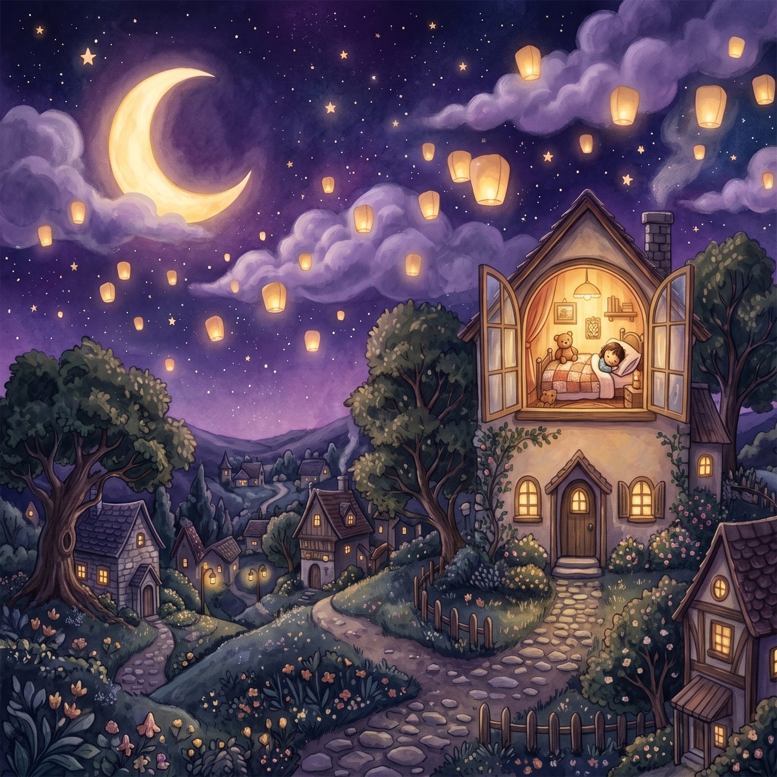 A child fast asleep in a cosy cottage while glowing lanterns drift over a starlit village