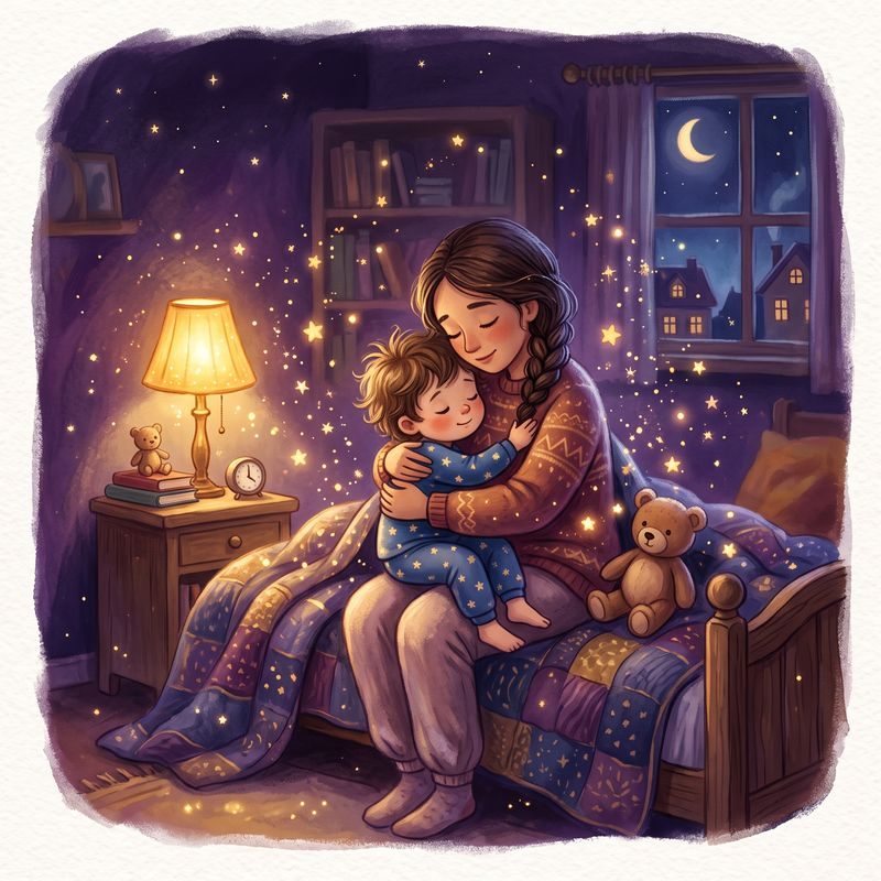 A parent hugging their child close on the bed as golden stars swirl around them