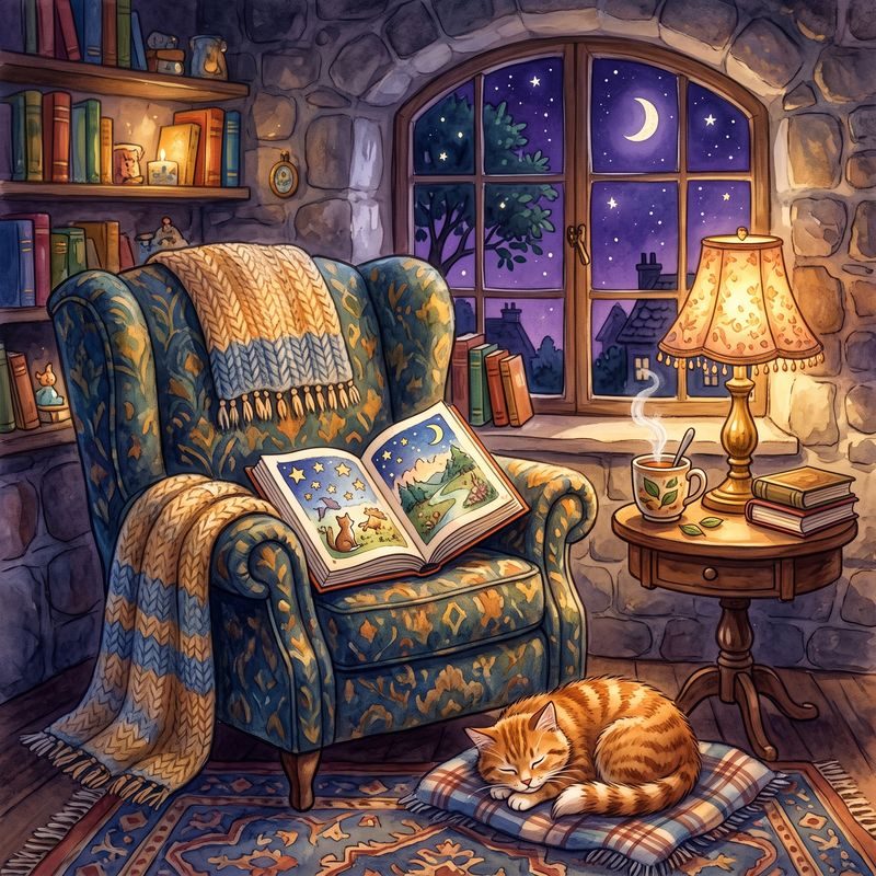 A cosy reading nook with an open storybook on an armchair beside a sleeping cat