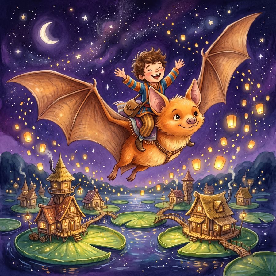 Aarav laughing with joy as he rides Miro the flying fox over a lantern-lit floating village of lily-pad houses