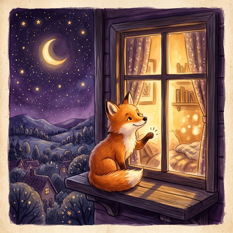 A little fox tapping at a warmly lit bedroom window under a crescent moon