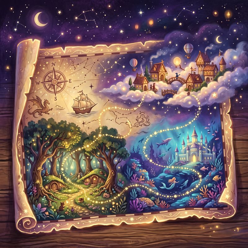 A glowing magical treasure map with a starlit trail winding through enchanted lands